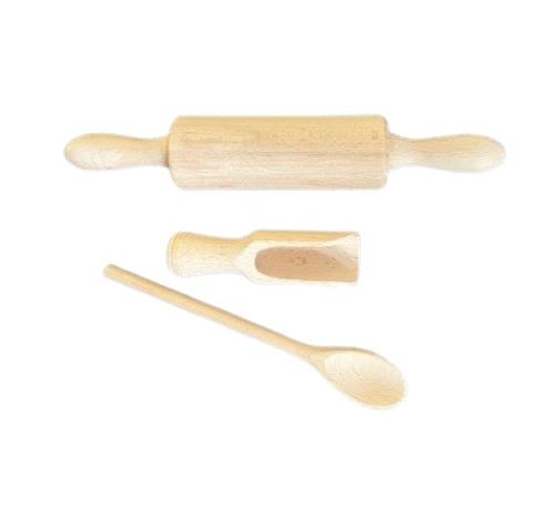 Keukenhulpjes spatel, deegroller en meelschepje